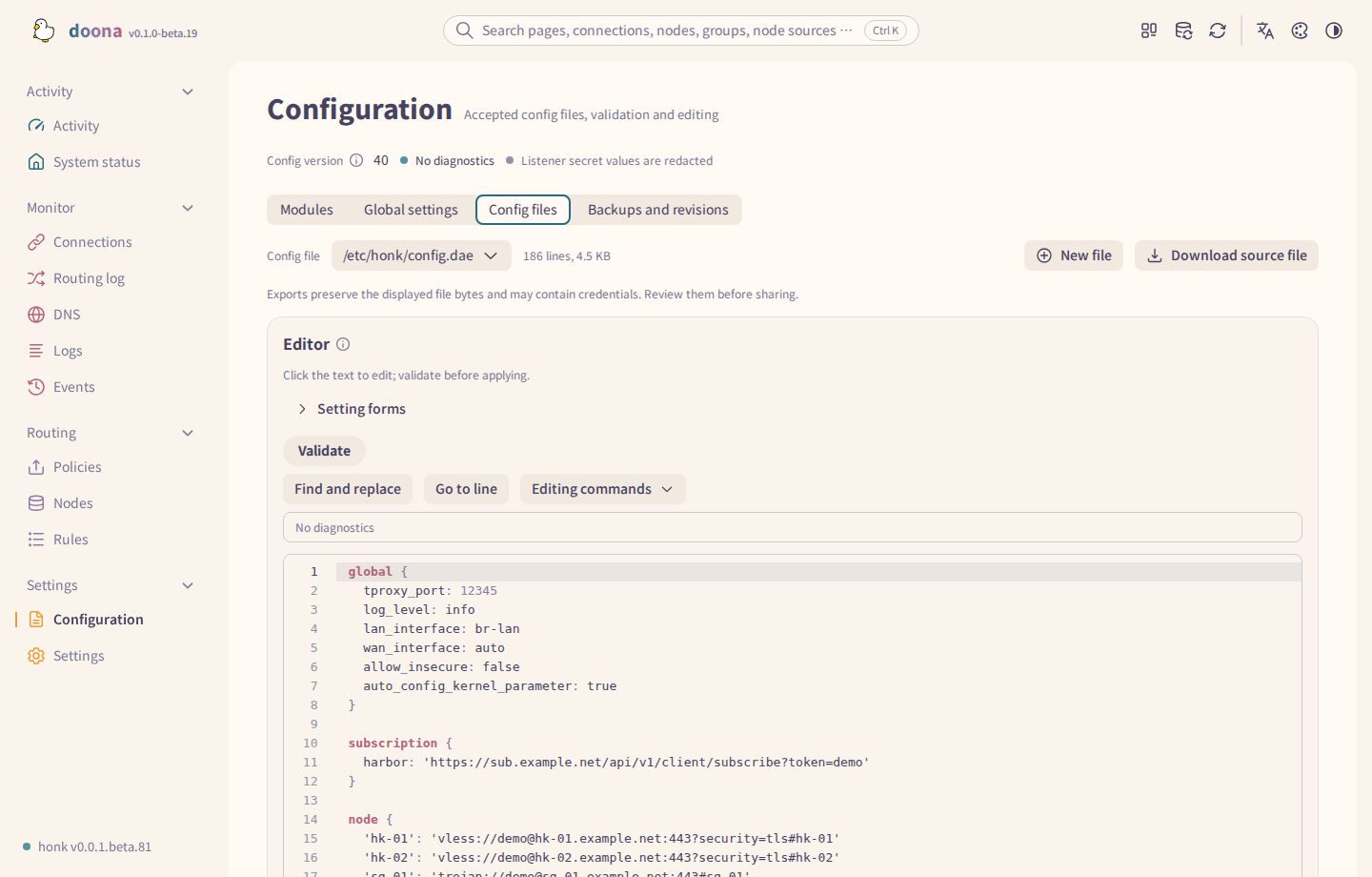Configuration files with the editable source view