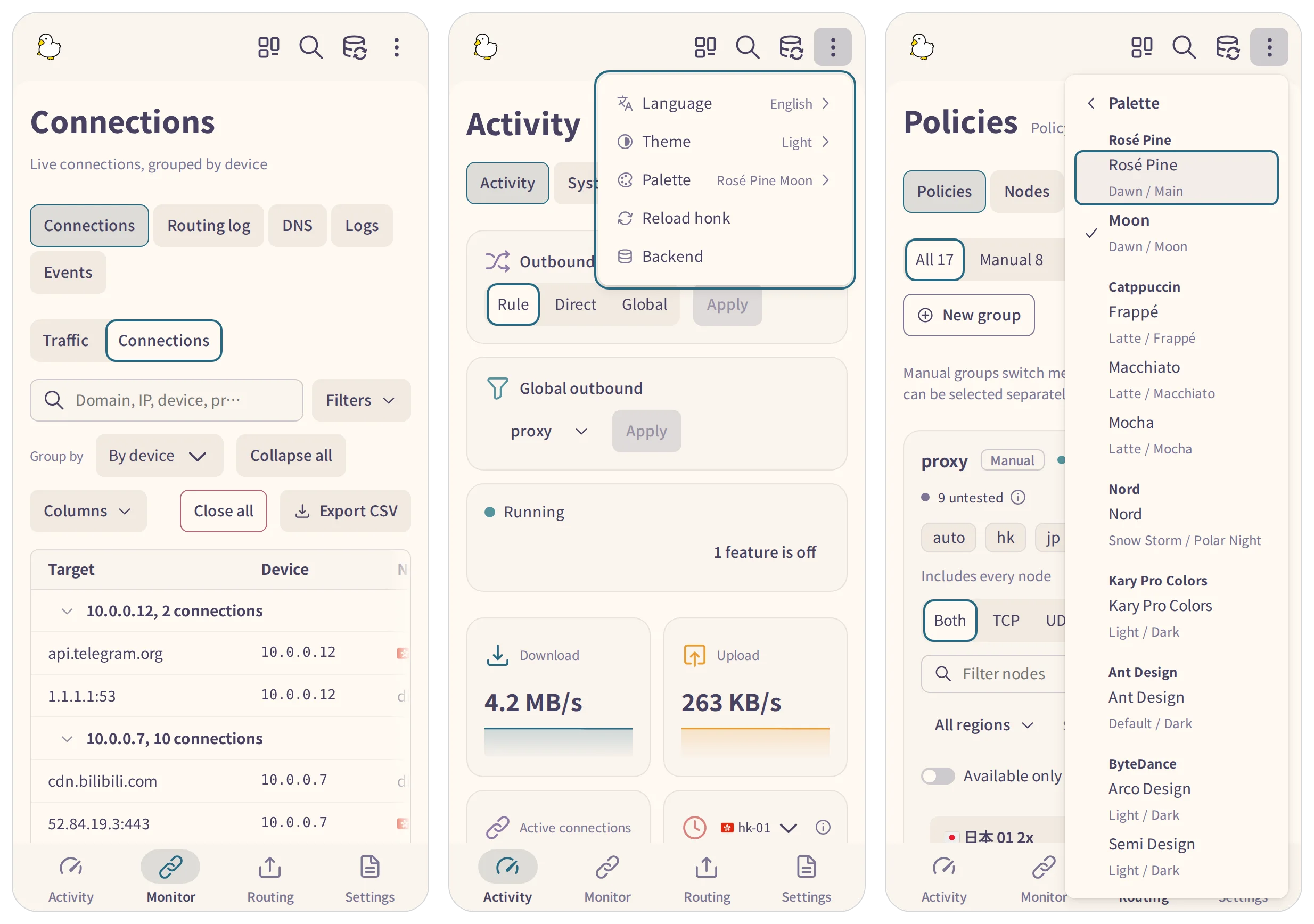 doona on phones: the connections table, the overflow menu and its palette submenu